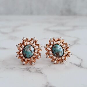 Vintage Sarah Coventry Faux Pearl and Turquoise Earrings Sunburst Gold Tone